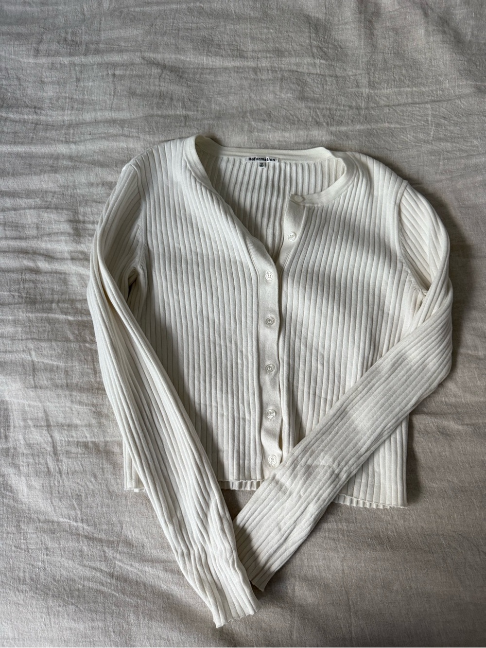 Reformation Cream Ribbed Button-Front Cardigan